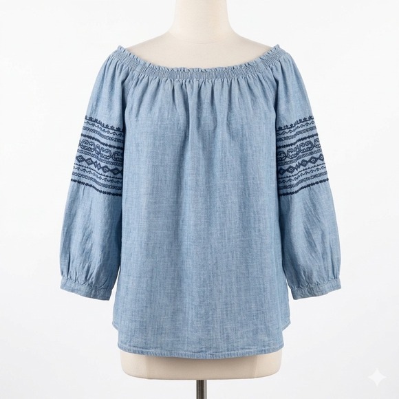 GAP Tops - Gap Blouse Women S Blue Chambray Off the Shoulder Embroidered‎ Boho Peasant Top